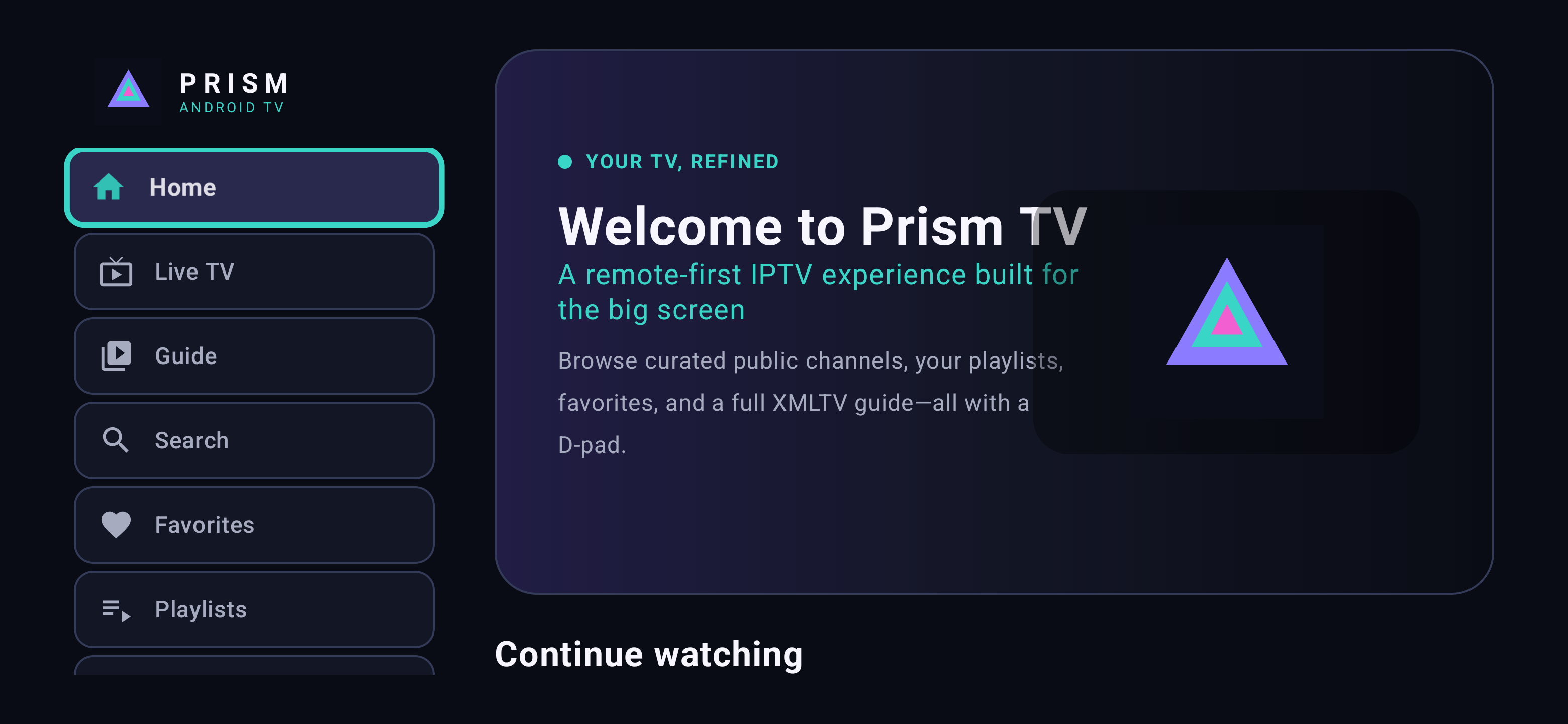Prism Android TV home screen with remote-focused navigation